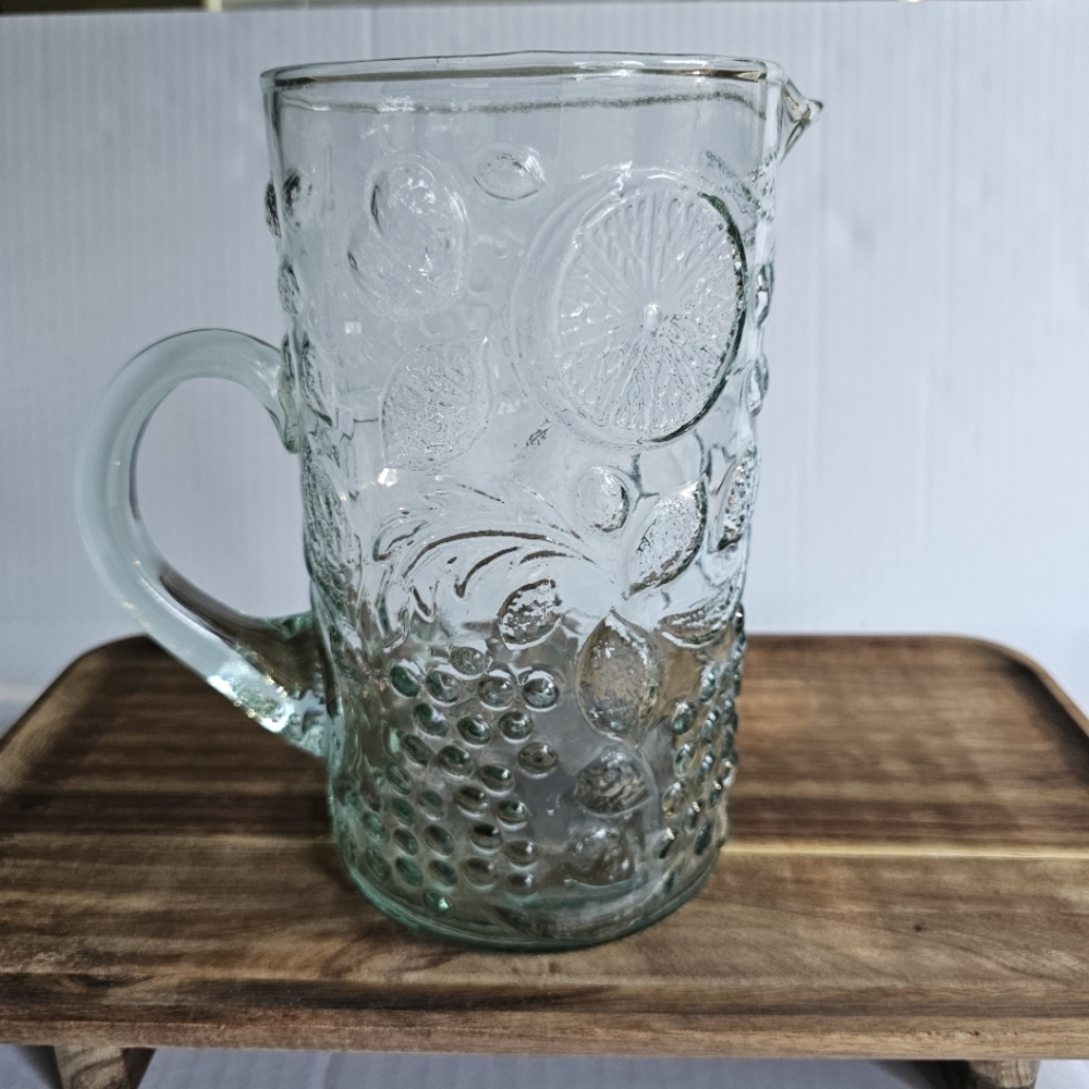 Green glass pitcher citrus pattern embossed 8.24" tall